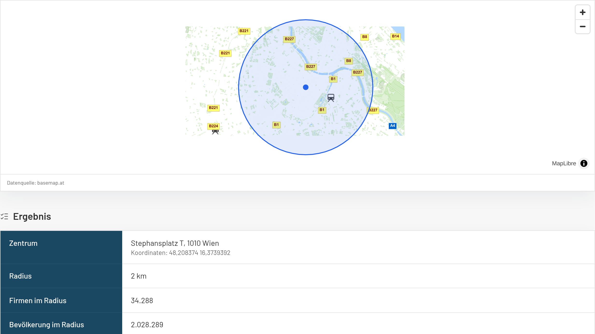 Startwerk-Standortanalyse f&uuml;r den Stephansplatz in Wien mit Karte, Zwei-Kilometer-Radius und aggregierten Ergebniswerten